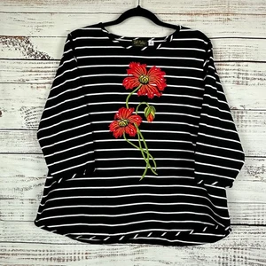 Womens Bob Mackie Wearable Art Black White Stripe Floral Embroidered Knit Top 1X - Picture 1 of 7