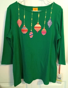 Rubinrot grün 3/4 Arm Weihnachten T-Shirt mit Ornamenten Design, Gr. Medium - Bild 1 von 3