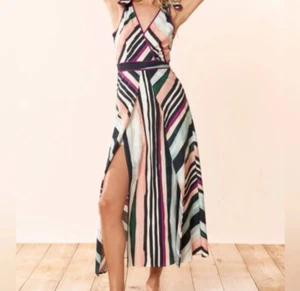 Red Carter Side Slit Dress Boho Flowy Multicolor Tie Straps Women's Size S - Picture 1 of 24