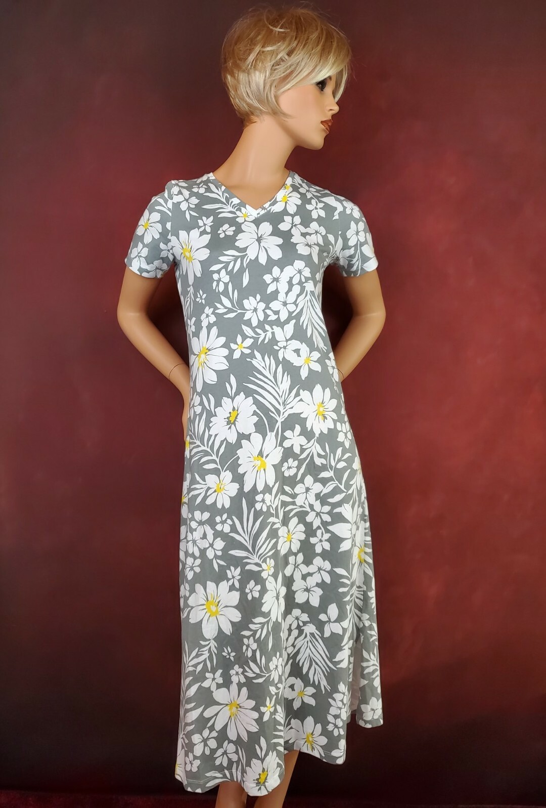 Midi Dress Cotton Knit Shift Gray 