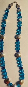 Handmade crystal turquoise and sterling dimpled beaded necklace 14" - Picture 1 of 7