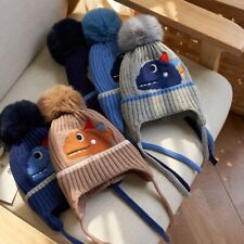 Dinosaur Baby Boy Bonnet Cartoon Winter Knitted Hats Warm Fur Ball
