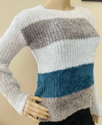 Ellen Tracy 毛衣女式 XSmall 多色条纹针织高低下摆 P2P 17 英寸 — 第 1/4 张图片