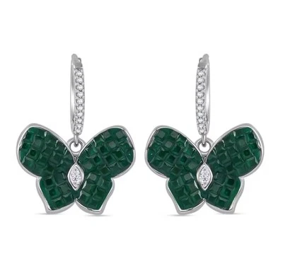 Simulated White & Green Diamond Butterfly Earrings Rhodium Over Sterling Silver - Image 1 of 4