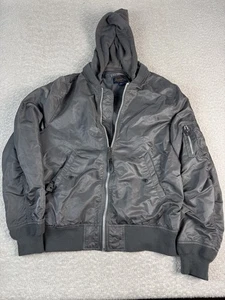 Alpha Industries Jacket Mens Medium Gray Hooded Bomber Nylon Flight Zip Front - Picture 1 of 9