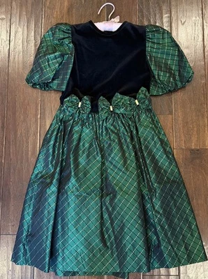 VESTIDO NIÑA Sylvia Whyte Ocasión Vintage Talla 8 Verde Lazo a Cuadros Terciopelo de Vacaciones Foto 1 de 4