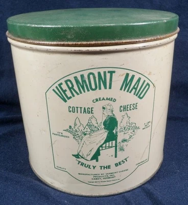 Винтаж 1952 Vermont Maid Creamed Cottage Cheese Tin 5# Cabot VT Зеленый и Белый - Изображение 1 из 3