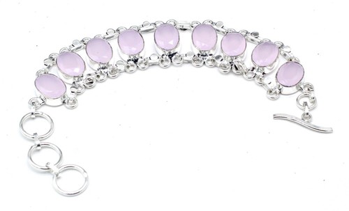 VALENTINO 925 Sterling Silver Rose Quartz Gemstone Handmade Jewelry Bracelet Size 7 8