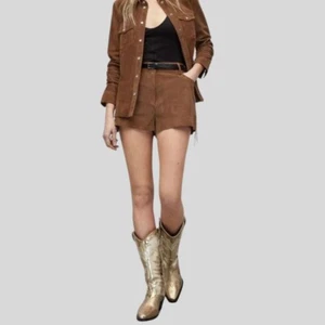 Women's Suede Leather Shorts - High-Waisted Brown Fringe Shorts, Western Rodeo - Picture 1 of 5