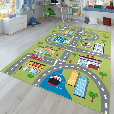 Kinder-Teppich, Spielteppich Für Kinderzimmer Mit Straßen-Muster Und Autos, Grün - Bild 1 von 4