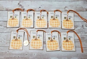 9 PC~Primitive~Fall~Autumn~Plaid Pumpkin~Linen Cardstock~Gift~Hang~Tags - Picture 1 of 1