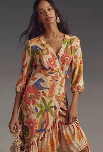 Anthropologie Farm Rio Midi Dress Long-Sleeve V-Neck Wrap Preppy Vacay Sz MP NWT - Picture 1 of 15