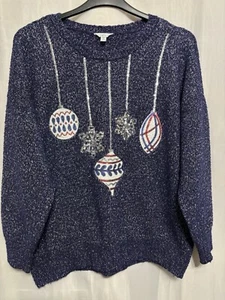 -351 M&Co Sz 22 Navy&Silver Sparkle Knit Sequin Baubles Xmas Jumper - Picture 1 of 5