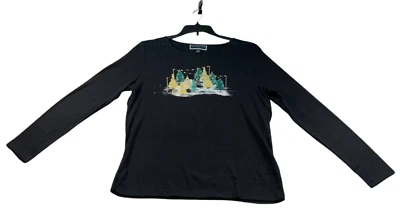 Camisa Karen Scott Mujer Talla Grande Negra Estampado Navidad Manga Larga Nueva Foto 1 de 4