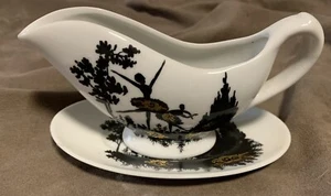 Vtg Black & White Silhouette Gravy Boat w/Underplate Ballerinas w/Gold Accents - Picture 1 of 5