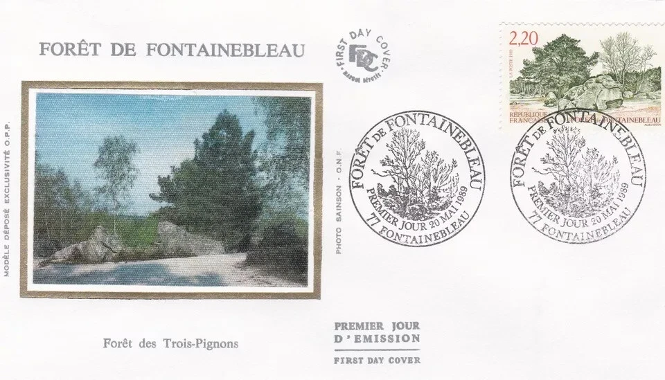 FRANCE FONTAINEBLEAU FOREST 1989 MARQUE DEPOSEE SILK CACHET FDC UNADDR - Image 1 of 1