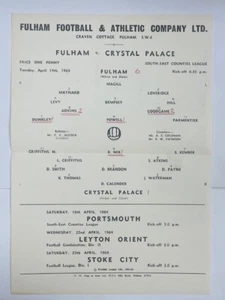 1963/64 FULHAM RESERVES V CRISTAL PALACE 14-04-1964 LIGA DE CONDADOS DEL SUDESTE - Imagen 1 de 2