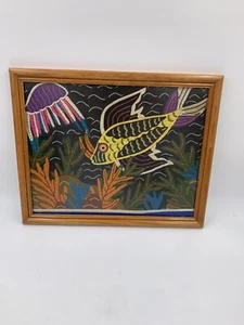 Quadro cucito subacqueo tessuto incorniciato eclettico pesce corallo polpo boho opera d'arte - Foto 1 di 7