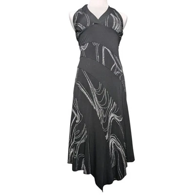 Vestido midi Y2K negro oscuro Fairycore emo whimisgoth plateado brillo halter mediano Foto 1 de 4