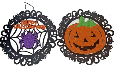 Decoración de fieltro de Halloween - Colgante redondo de 14,75" con araña, calabaza y abucheo Foto 1 de 4