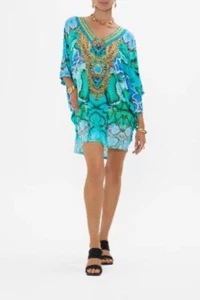 Sea Green Aqua short Kaftan Tunic Top Summer Beach Wear FREE SIZE V-NECK - Picture 1 of 1