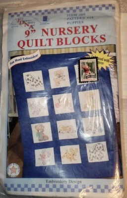 Jack Dempsey Stamped White Nursery Quilt Blocks 9"X9" 12/Pkg, Puppies - Image 1 of 2