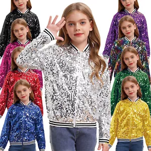 Kinder Mädchen Pailletten Bomber Jacke Glitzer Mantel Tops Disco Tanz Performance Kostüm - Bild 1 von 100