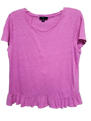 J. Camiseta Crew Ruffle Back linho bainha peplum manga curta rosa tamanho médio - Imagem 1 de 4