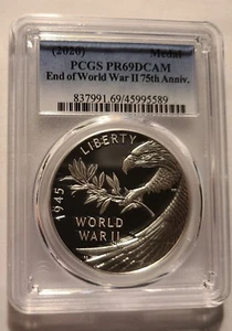 2020 END WORLD WAR II 75TH ANNIVERSARY SILVER MEDAL PCGS PR69DCAM - Picture 1 of 2