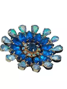 Vintage wunderschöne 60er Jahre D&E Blautöne Strass goldfarbene Brosche Anstecknadel - Bild 1 von 5
