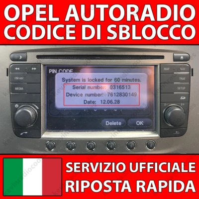 ✅OPEL RADIO CODICE DI SBLOCCO TOUCH & CONNECT ASTRA CORSA MERIVA INSIGNIA✅ - Immagine 1 di 3