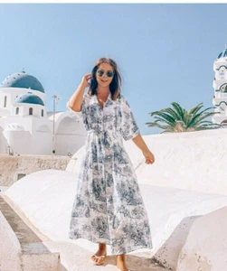 H&M 2019 TREND White Blue China Toile Tie Belt Midi Kaftan Dress size 14 16 42  - Picture 1 of 3
