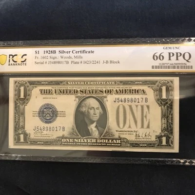 DBR 1928 B Scarce $1 Silver Funnyback Gem Fr. 1602 PMG 66 PPQ!  Super rare! - Image 1 of 2