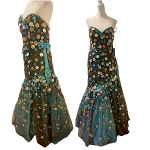 VTG Terani Mermaid Y2K Layered Turquoise Sequin Disc Sweetheart Prom Gown 12 - Picture 1 of 14