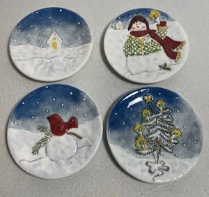 Set of 4 MWW Market Christmas Mini Plate 4.5" Flake Snow Church Tree Blue White - Picture 1 of 21