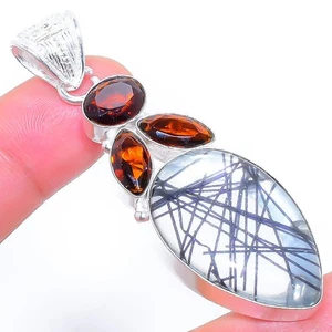 Negro Rutilo Cuarzo, Ahumado Piedra 925 Plata de Ley Joyería Colgante 6.3cm - Imagen 1 de 5