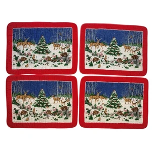 Vtg Winter Wonderland Christmas Quilted Placemat Set of 4 Deer Raccoon Fox Bear - Picture 1 of 13