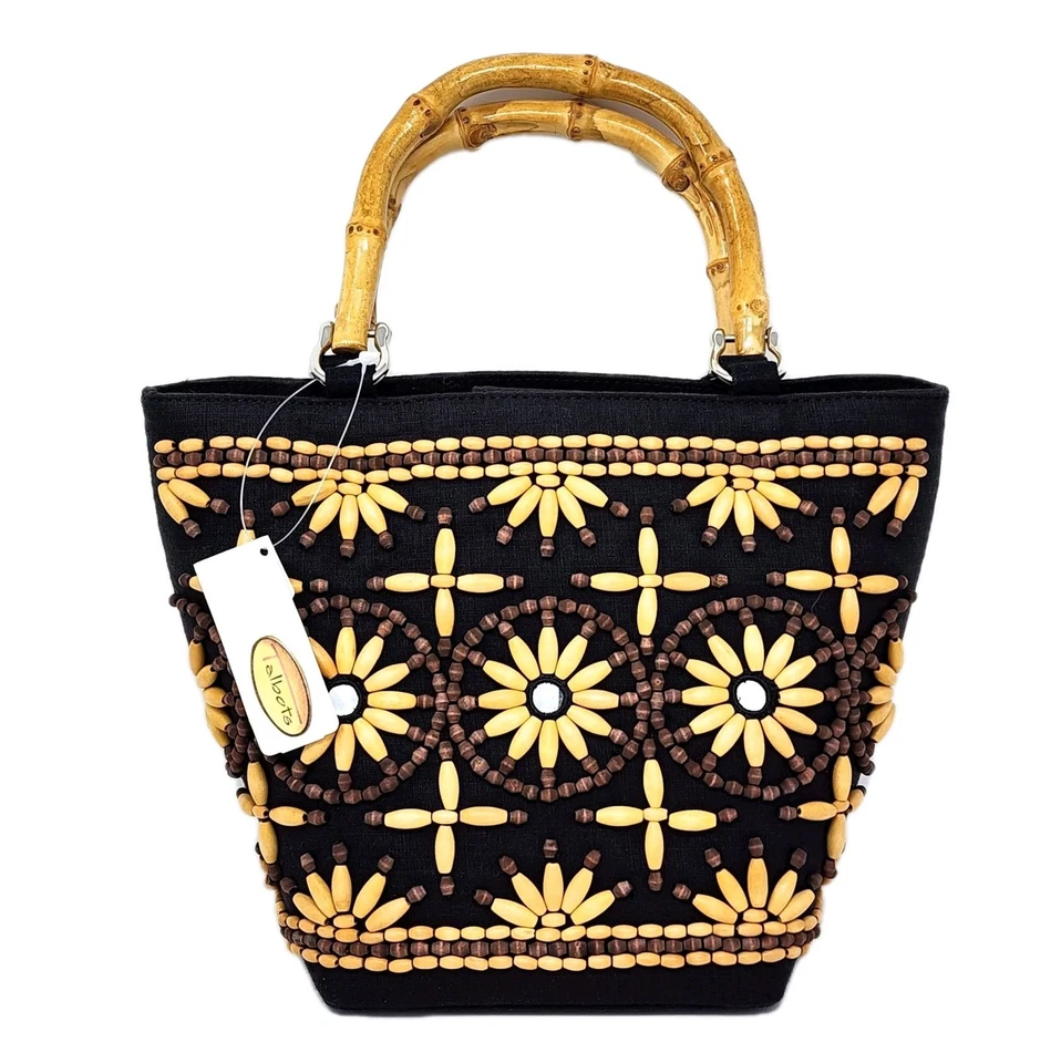 BOLSO DE MANO TALBOTS Negro Lino MADERA CUENTAS Patrón Floral con ASAS DE BAMBÚ Nuevo Foto 1 de 4