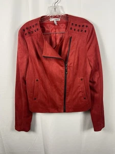 WD NY Women’s Shorty Jacket Sz M Red Zip Rivets Lined Pockets Rocker Edgy - Picture 1 of 18