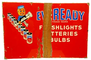 Vintage Eveready Flashlights Batteries Bulbs Porcelain Enamel Sign 36x24 Inches - Picture 1 of 5