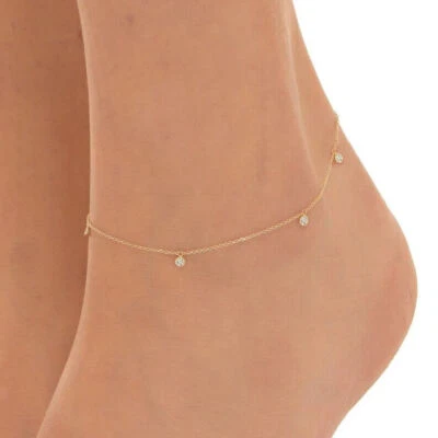 Anklet 0.40Ct Created Diamonds Dangle Drop 9 Inch Chain 14K Yellow Gold Finish - Image 1 of 3