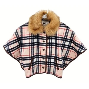 Janie & Jack Button Up Poncho Girls Sz 3 4 Jacket Sweater Pink Plaid Fur Pockets - Picture 1 of 11
