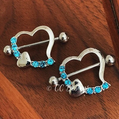 Par de 14 g de anéis de mamilo azul coração duplo brilho barra de escudo (J138) - Imagem 1 de 3