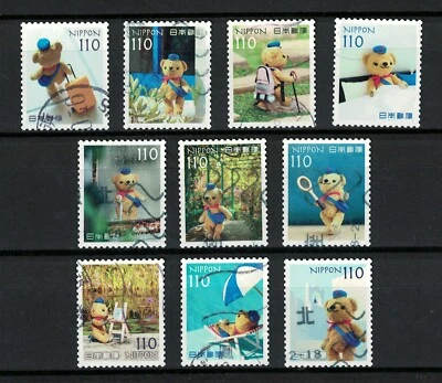 JAPAN 2024 POSUKUMA TEDDY BEAR ON VACATION 110 YEN COMP. SET OF 10 STAMPS USED - Image 1 of 4