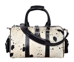 Ladies Leather Weekend Bag BLACK Duffel Travel Gym Real Cow Fur Hide Leather Bag - Picture 1 of 8