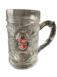 Vintage Becks Bier schwerer dicker Glaskrug Stein verziert Weinblatt Design Germany - Bild 1 von 7