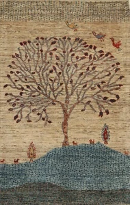 3 x 4 ft Gray Tree of Life Gabbeh Afghan Hand Knotted Tribal Landscape Area Rug - Picture 1 of 18