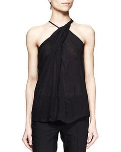 NWT Helmut Lang Lush Voile Twist Neck Top with Leather Strap Black P XS - Picture 1 of 6