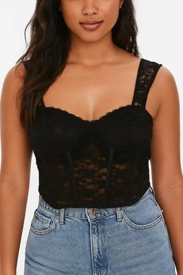 Sheer Lace Bustier Bralette Corset Top Size L Cropped Cap Sleeve Night Black NWT - Imagem 1 de 4