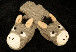 DONKEY MITTENS knit ADULT Fleece LINED mule ANIMAL gift deLux HAT SOLD SEPARATE - Picture 1 of 7